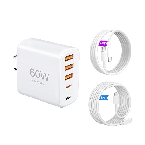 60W Multi-Port USB-C Charger with Cables (4FT + 6FT), 5-Port Wall Plug Power Adapter Compatible with iPhone 17/16/15 Series, iPad, Samsung S25/S24