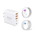 60W Multi-Port USB-C Charger with Cables (4FT + 6FT), 5-Port Wall Plug Power Adapter Compatible with iPhone 17/16/15 Series, iPad, Samsung S25/S24