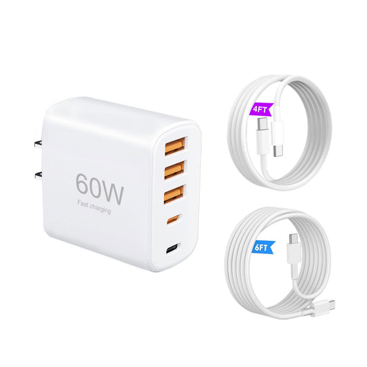 60W Multi-Port USB-C Charger with Cables (4FT + 6FT), 5-Port Wall Plug Power Adapter Compatible with iPhone 17/16/15 Series, iPad, Samsung S25/S24