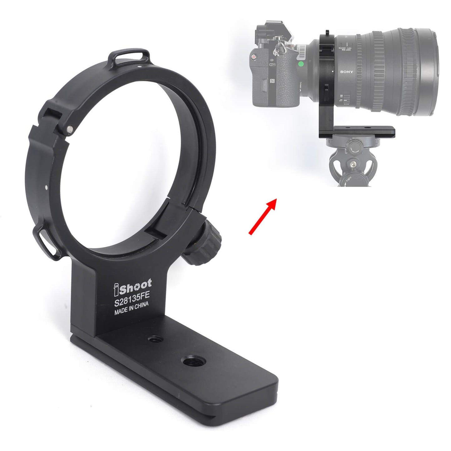 iShoot Lens Collar Support Compatible with Sony FE PZ 28-135mm f/4 G OSS SELP28135G, CNC Machined Lens Tripod Mount Ring, Bottom is ARCA Fit Quick