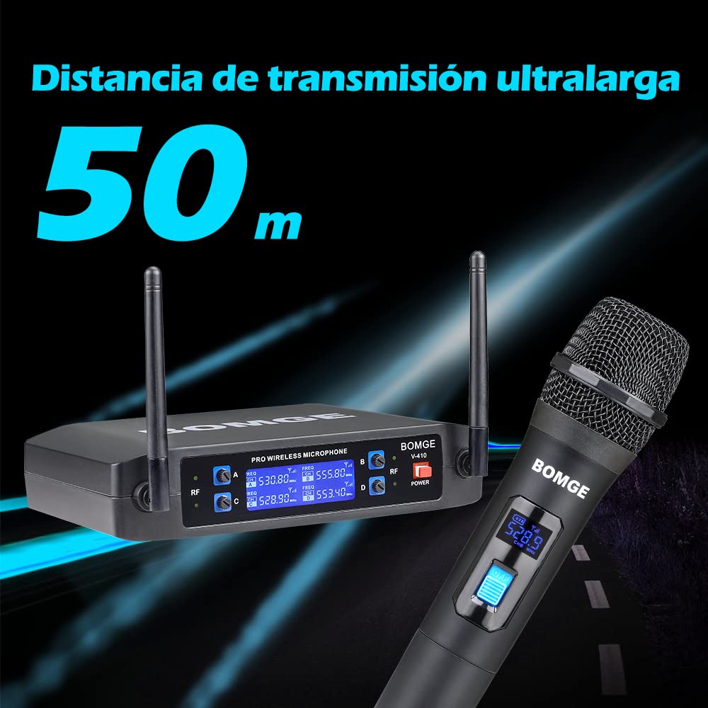 BOMGE Wireless Microphone System, Pro 4-Channel Cordless Mic Set with Four Handheld Mics, Fixed Frequency, Long Range 200ft, Ideal for Church,Karaoke