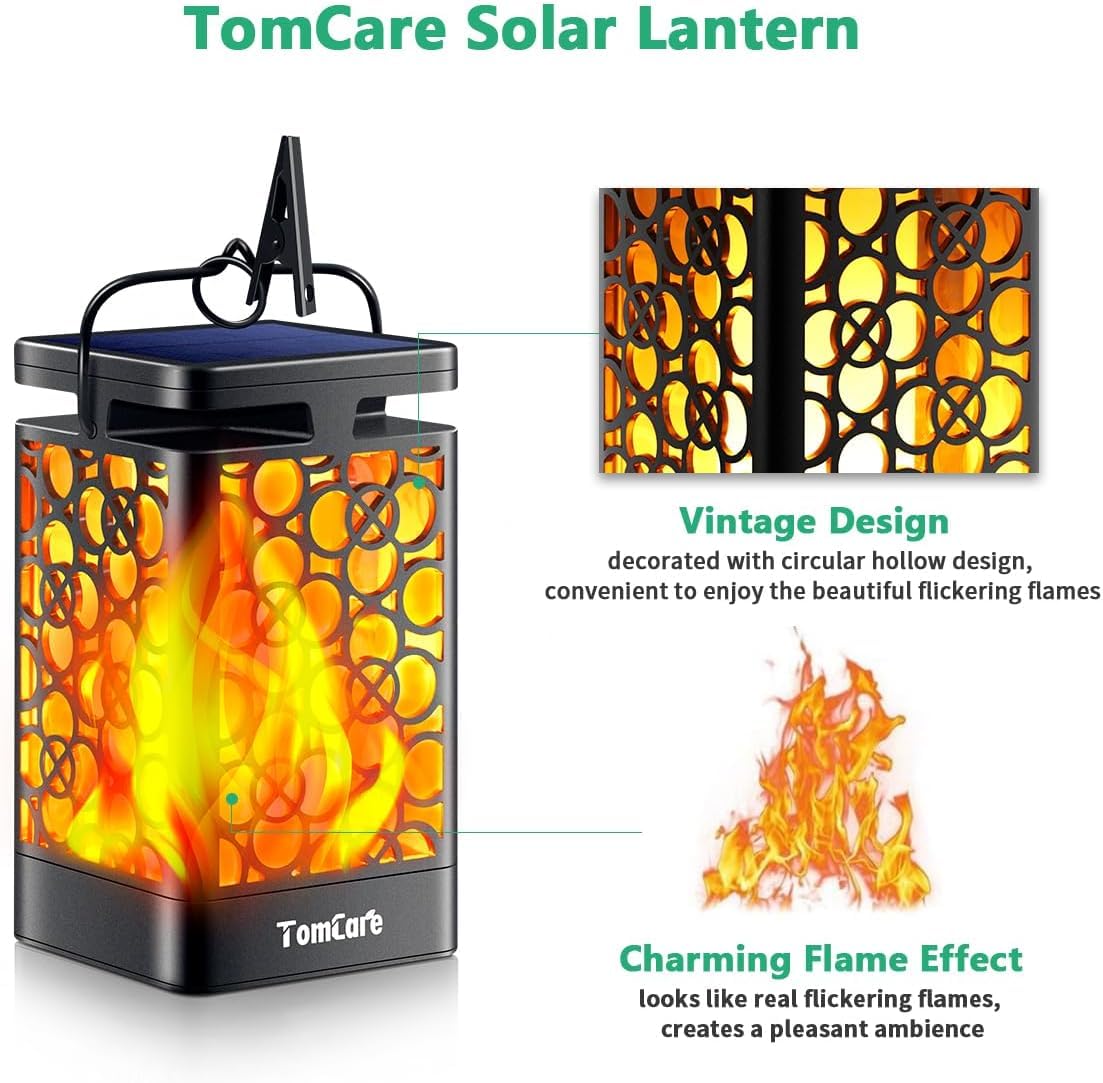 TomCare Solar Lanterns Outdoor Upgraded Flickering Flame Waterproof Hanging Lanterns Decorative Solar Powered LED Lights for Garden Patio Deck Yard, 2