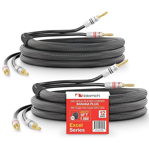 Nakamichi Excel Series 24k Gold Plated Banana Plug with (6 Feet) Speaker Cable Wire 99.9% Oxygen-Free Copper (OFC) Heavy Duty Braided in-Wall CL2