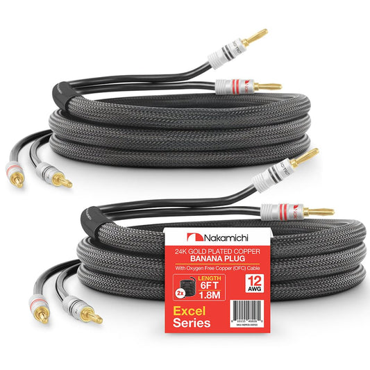Nakamichi Excel Series 24k Gold Plated Banana Plug with (6 Feet) Speaker Cable Wire 99.9% Oxygen-Free Copper (OFC) Heavy Duty Braided in-Wall CL2