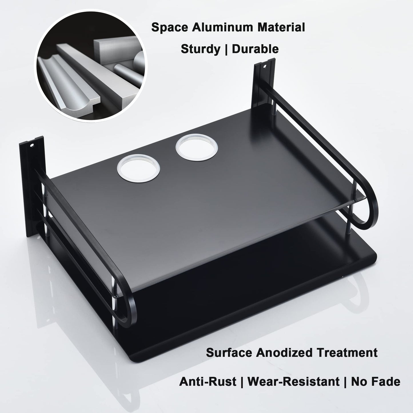 HNVNER Universal Media Shelf with Cable Holes for Entertainment 2-Tier Metal Floating Wall Shelves for Media Such as Router, Modem, Remote, Cable
