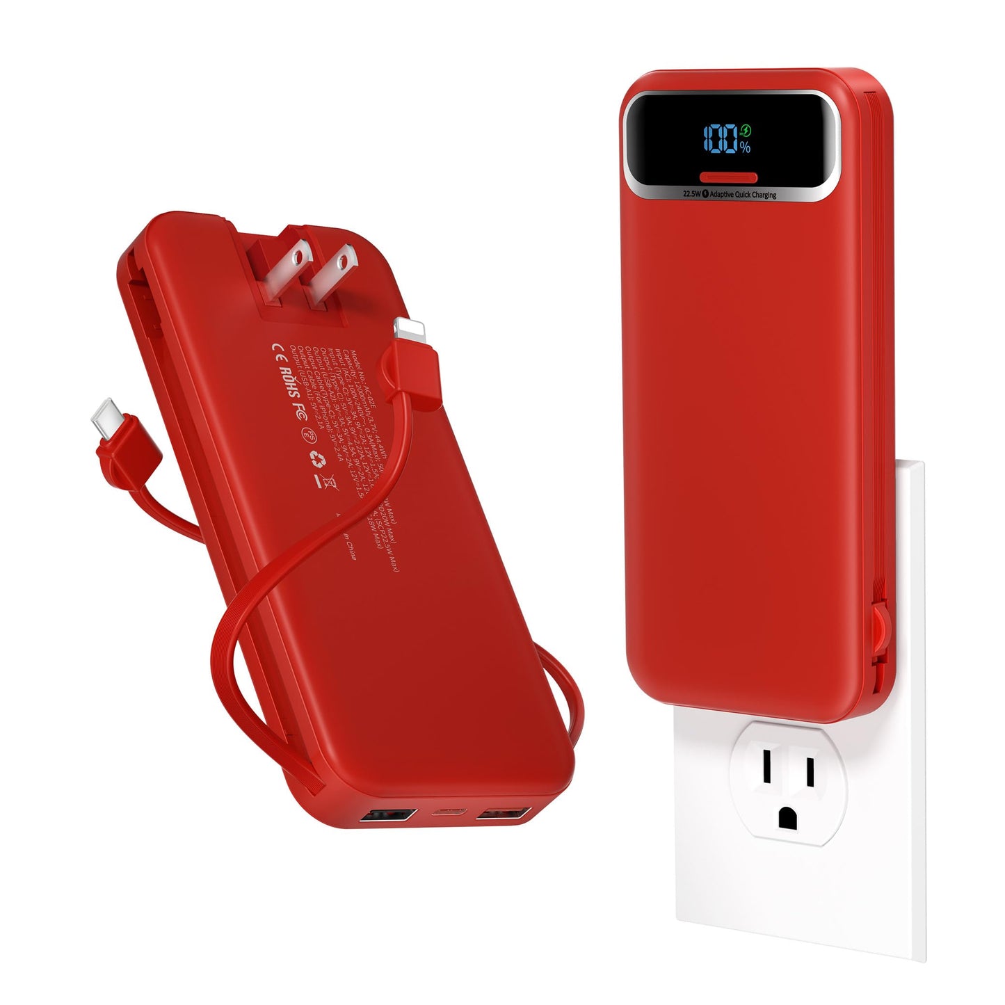 aonidi Portable Charger 12000mAh with Built-in Cables&AC Wall Plug, Red
