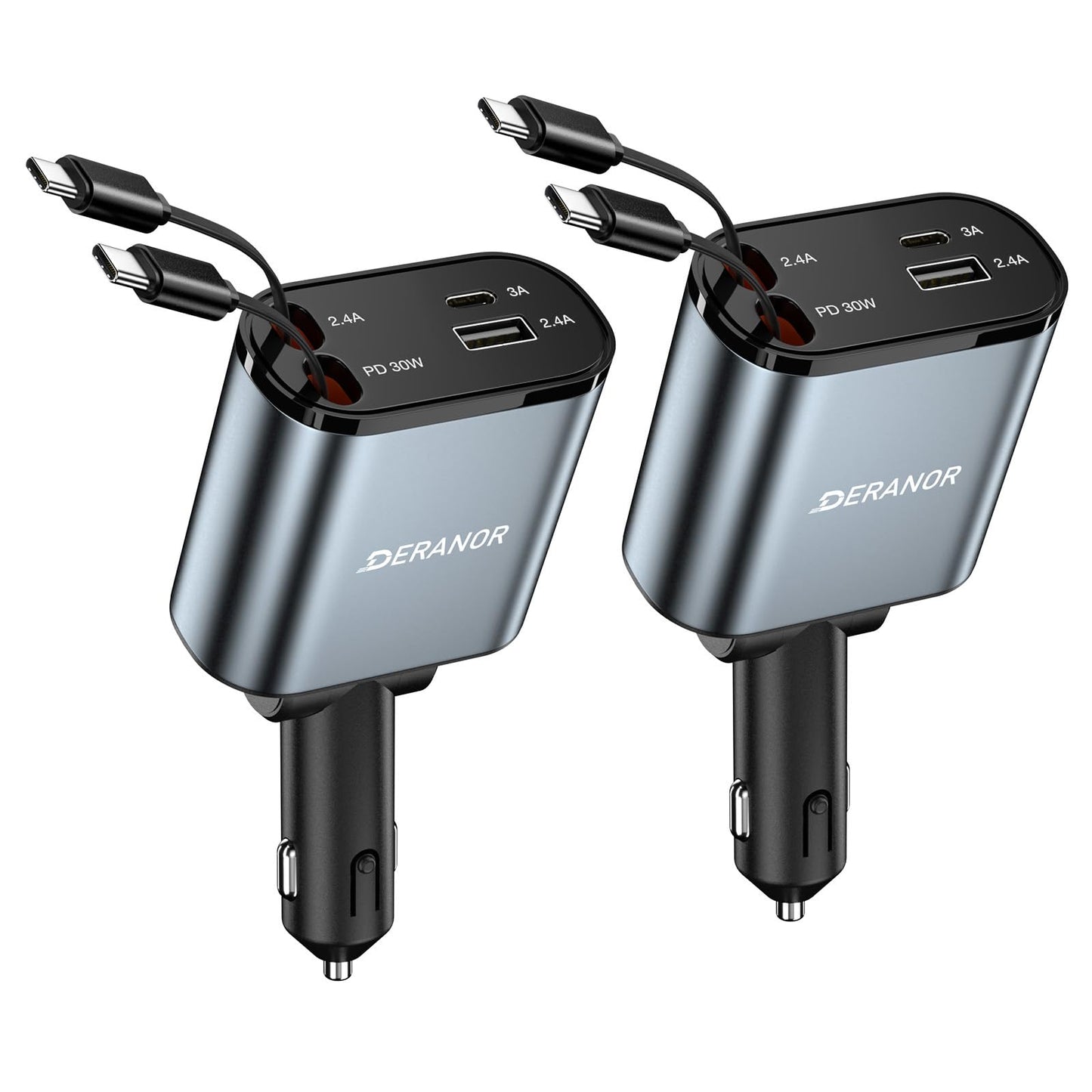 [2 Pack] Retractable Car Charger 4 in 1 Fast Car Phone Charger 69W, USB C Car Truck Accessories Adapter with 2X Retractable Phone Charger Cords