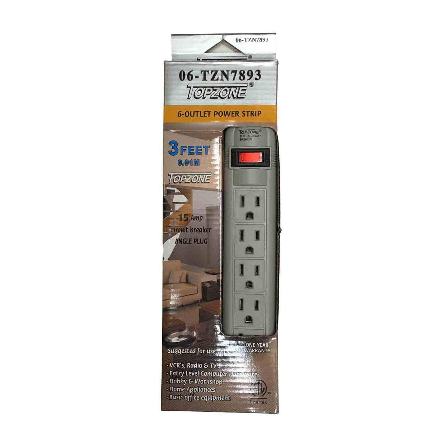 Electric Power Strip 6-Outlet 3FT W/Circuit Breaker Angle Plug