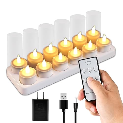 xyseamf 12 PCS LED Rechargeable Tea Lights Candles with Remote and White Base, Battery Operated Tealights with Flickering Flame for Home Wedding Decor