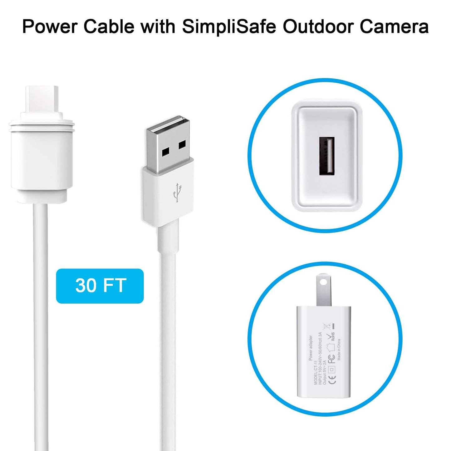 Shyueda 25ft/7.6m Weatherproof Outdoor Charging Micro-USB Head Cable for SimpliSafe Outdoor Security Camera Only (1)