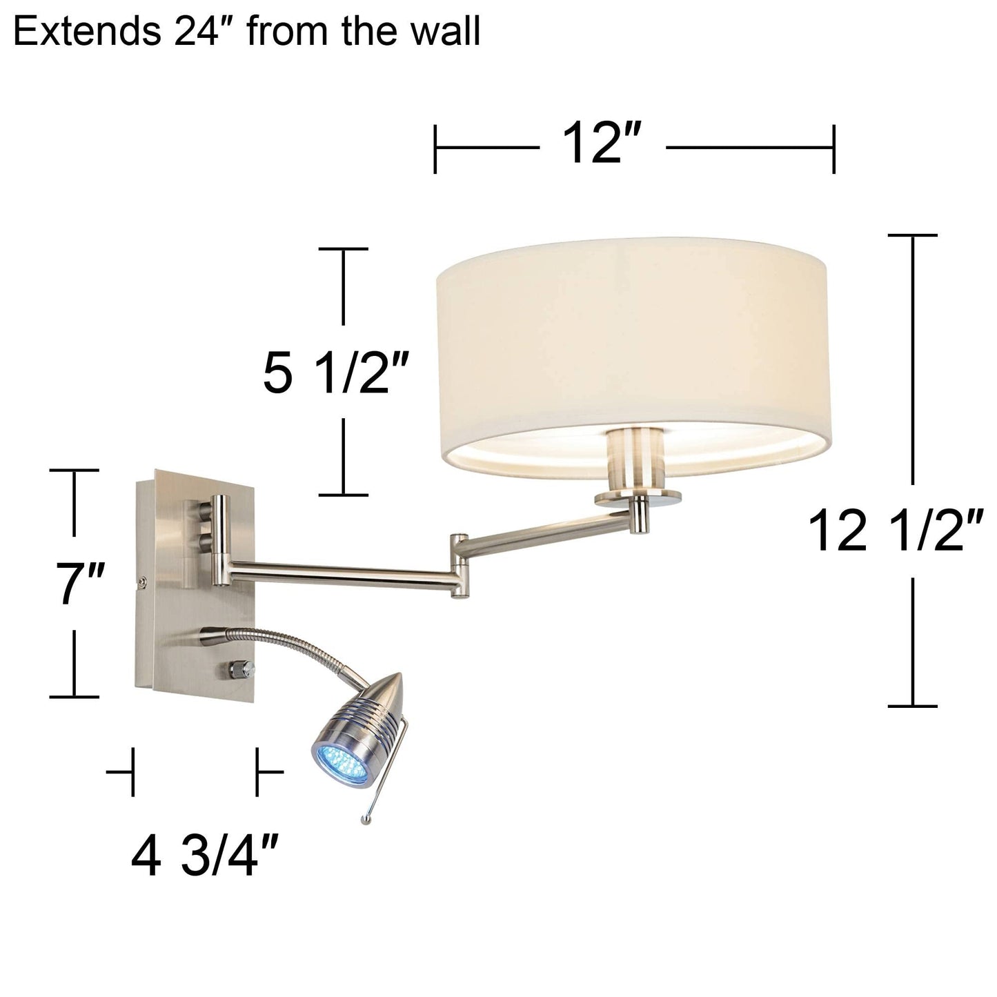 Possini Euro Design Tesoro Modern Swing Arm Wall Mounted Lamp Adjustable LED Brushed Nickel Plug-in Light Fixture Off White Drum Shade for Bedroom