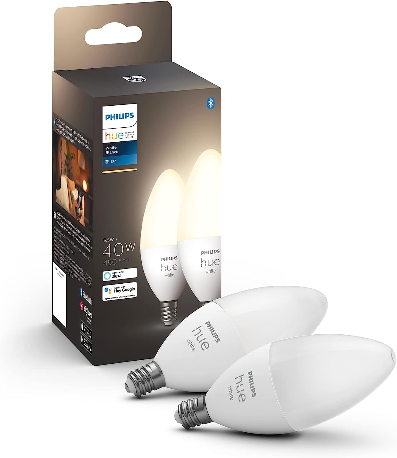 Philips Hue Smart 40W B39 Candle-Shaped LED Bulb - Soft Warm White Light - 2 Pack - 450LM - E12 - Indoor - Control with Hue App - Works with Alexa