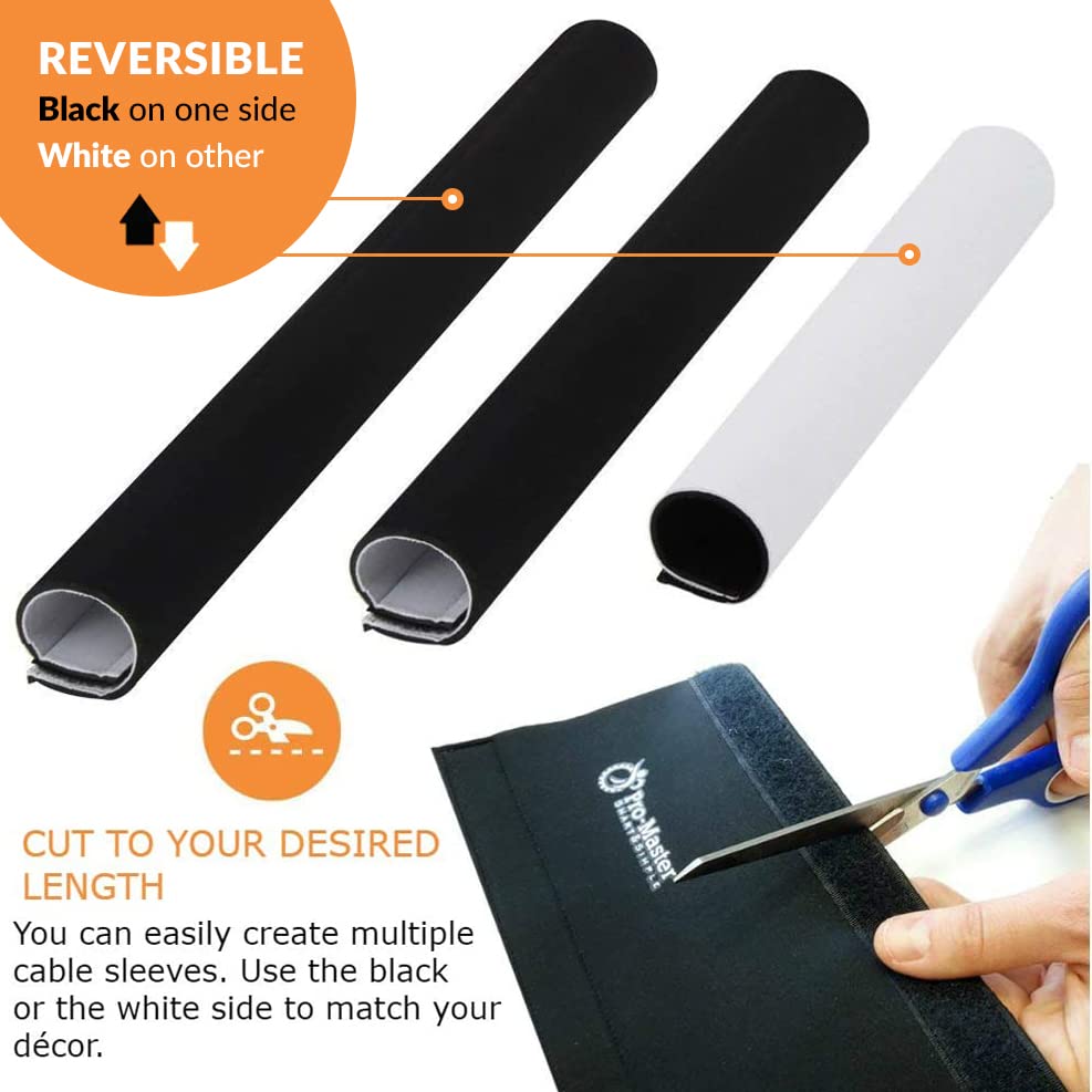 Premium 120" Cable Management Sleeve, Best Cords Organizer for TV On Wall, Computer, Office, DIY Adjustable Reversible Black and White Neoprene Cord