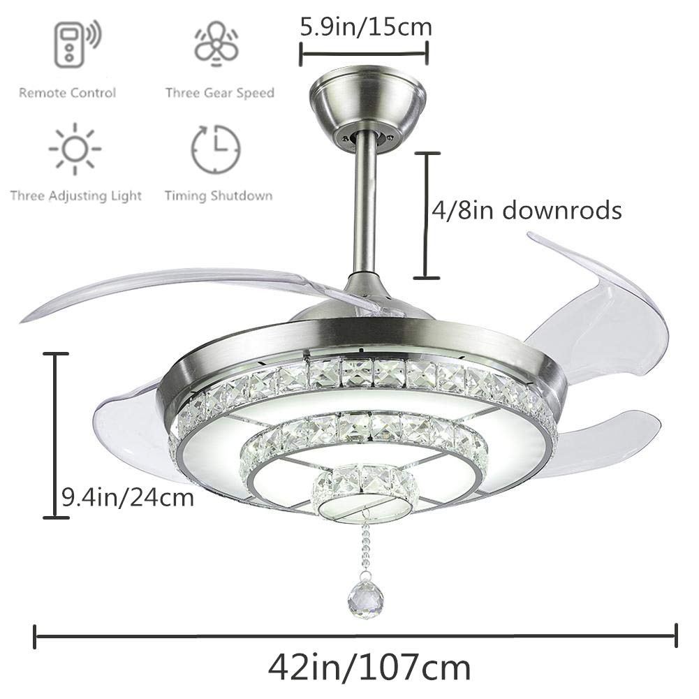 MoreChange 42" Crystal Ceiling Fans with Lights Retractable Blades Remote Control Modern Luxury LED Chandelier Fan 3 Speeds 3 Color Changes Lighting