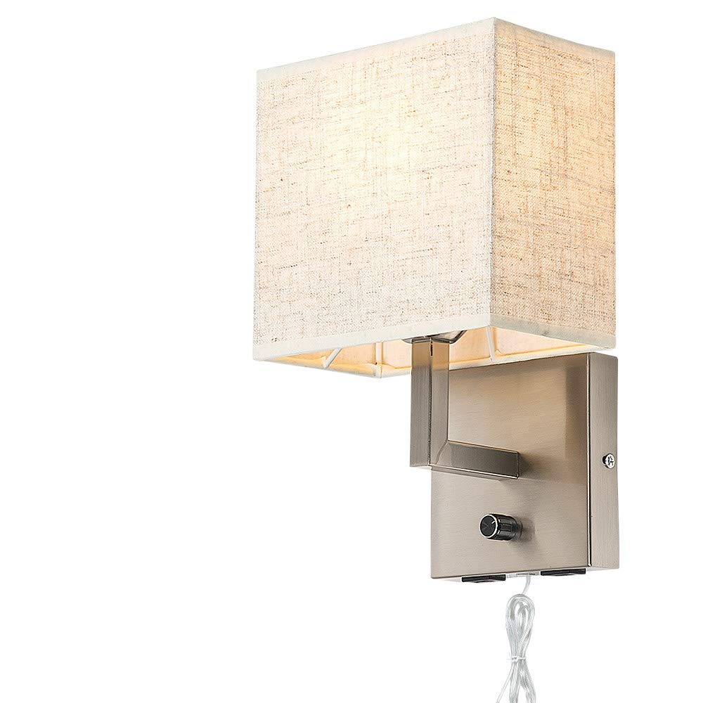 Bedside Wall Mount Light with Dimmer Switch and Two USB Charging Port,Fabric Linen Shade Wall Sconces Light with Plug in Cord and Satin Nickel Finish