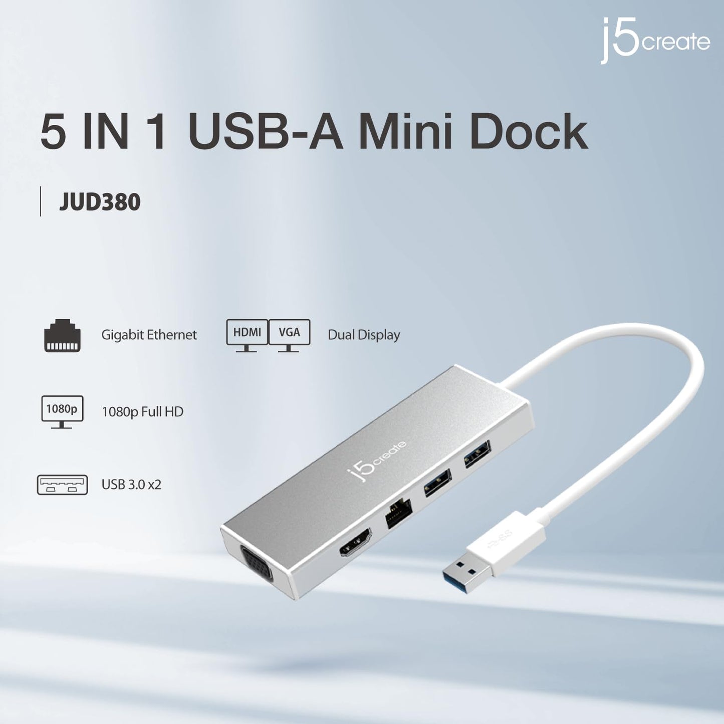 j5create USB 3.0 Hub with HDMI, VGA, RJ45 Gigabit Ethernet, 2 USB 3.1 Type-A Ports - High Speed Data Transfer Adapter for Mac, Windows, Desktop PC