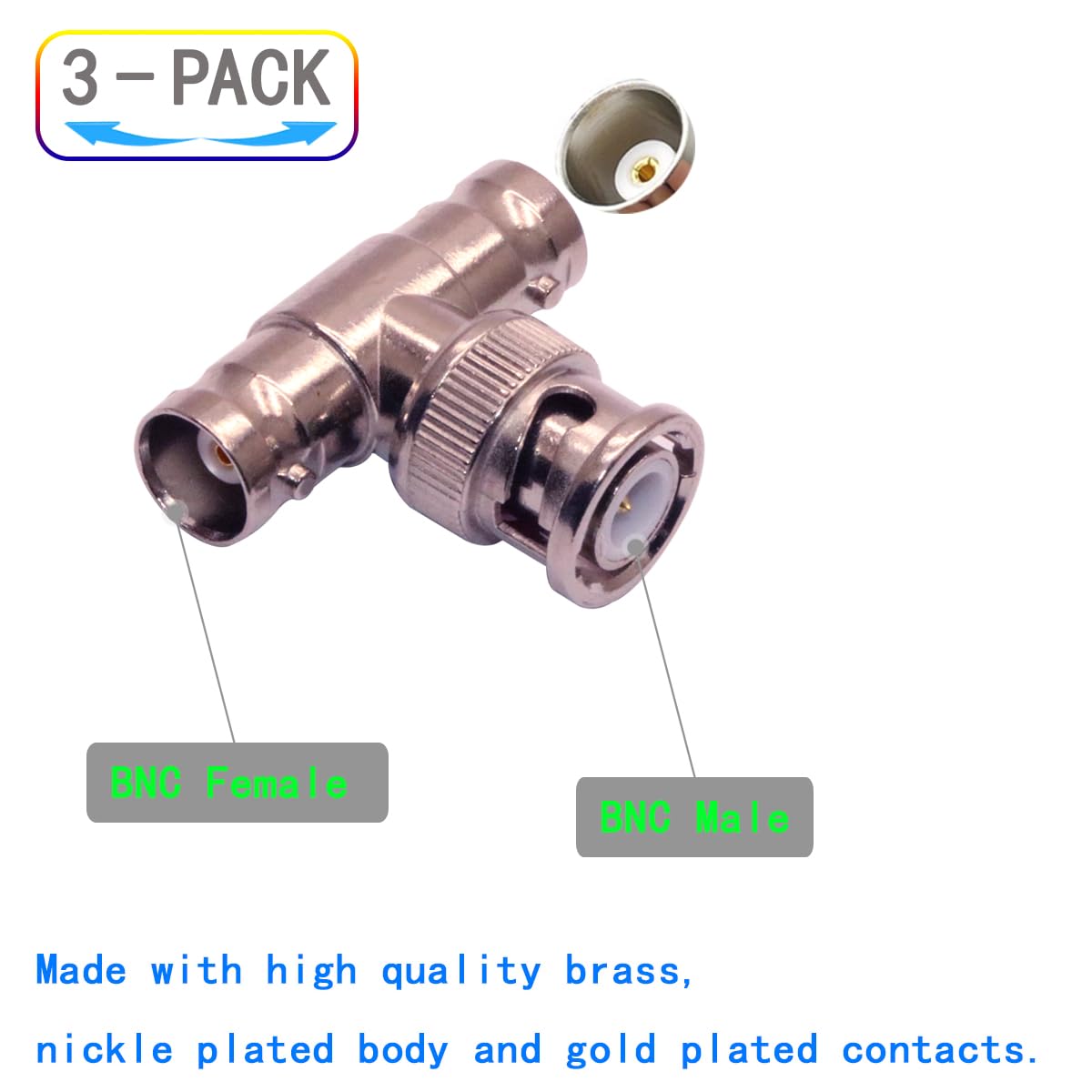 ZJKJHJY BNC T-Adapter, Male to Female Connector, Nickel-Plated Brass, 3-Pack, 28.5mm Length