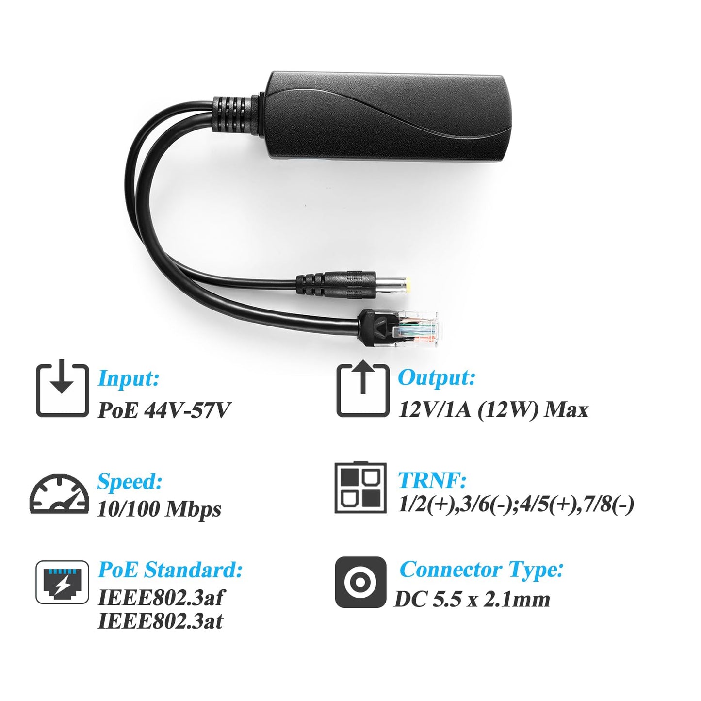 Active PoE Splitter 12V 1A Output with IEEE 802.3af Standard Compliant 10,100Mbps Power Over Ethernet Splitter Adapter for Security IP Camera CCTV