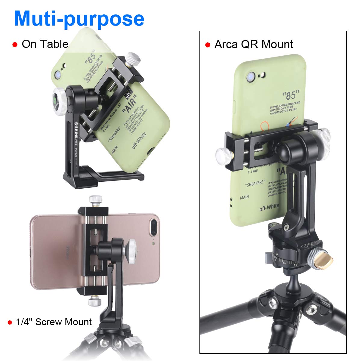 SHINEWEE Metal Phone Tripod Mount Adapter, Arca Dovetail and 1/4" Screw Mount,Adjustable Vertical and Horizontal Dock for Samsung Galaxy, iPhone,