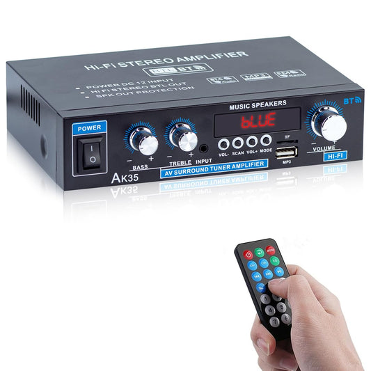 AK35 Bluetooth 5.0 Stereo Amplifier, 2.0 Channel Mini Audio Receiver, 30Wx2 Home HiFi Audio Amp with Bass/Treble Control for Home Theater, TV