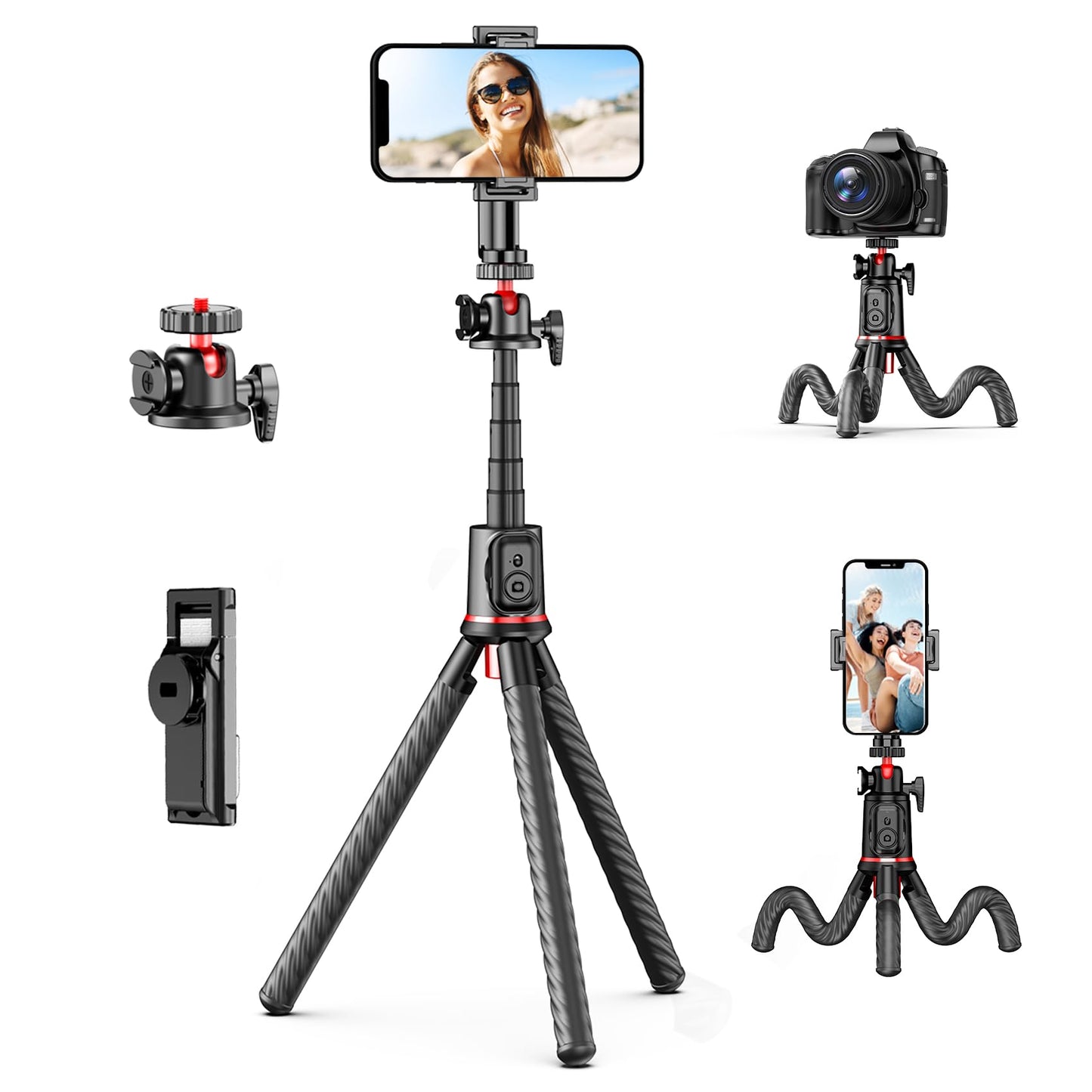 Fotopro Flexible Phone Tripod, Mini Camera Tripod with Wireless Remote Phone Holder, 360° Rotation Extendable Phone Tripod Stand for Video Recording