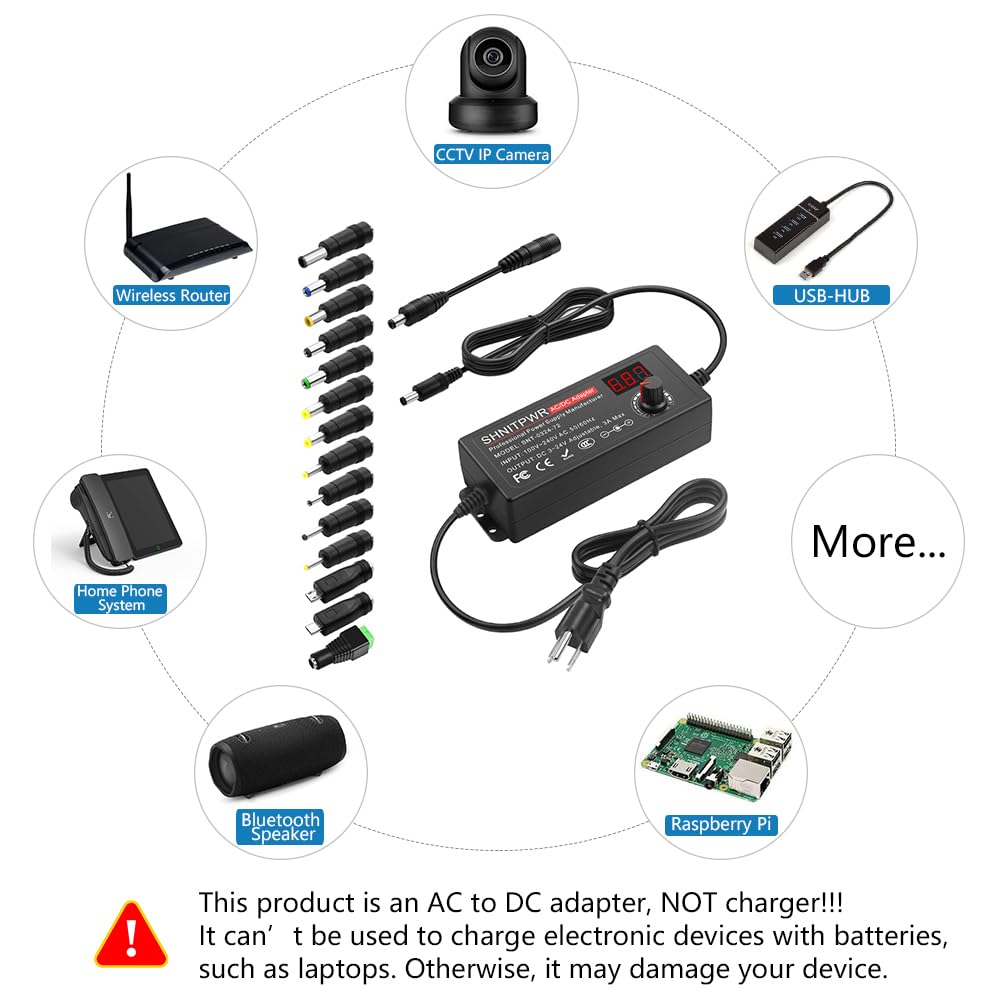 SHNITPWR 72W Adjustable Power Supply – 3V-24V 3A Universal AC/DC Adapter 100-240V to DC Converter with 14 Tips for Multiple Devices