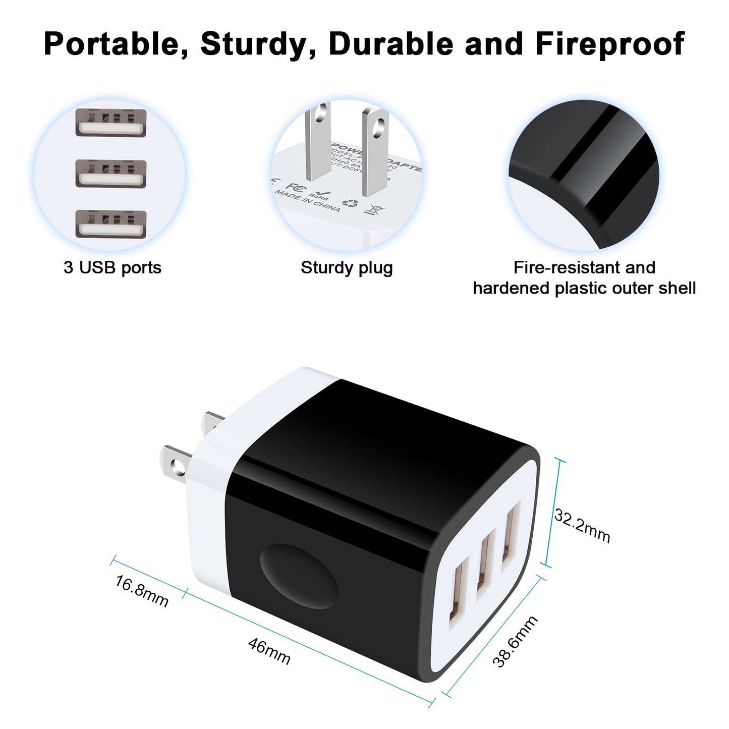 USB Wall Charger, 18W 3Amp Fast Cube Charger Block - Compatible iPhone 15/14/13/12/11/Xs/XR/X/8/7/6, Samsung A14 A13 A53 S23 S22 S21 S10 S9 S8