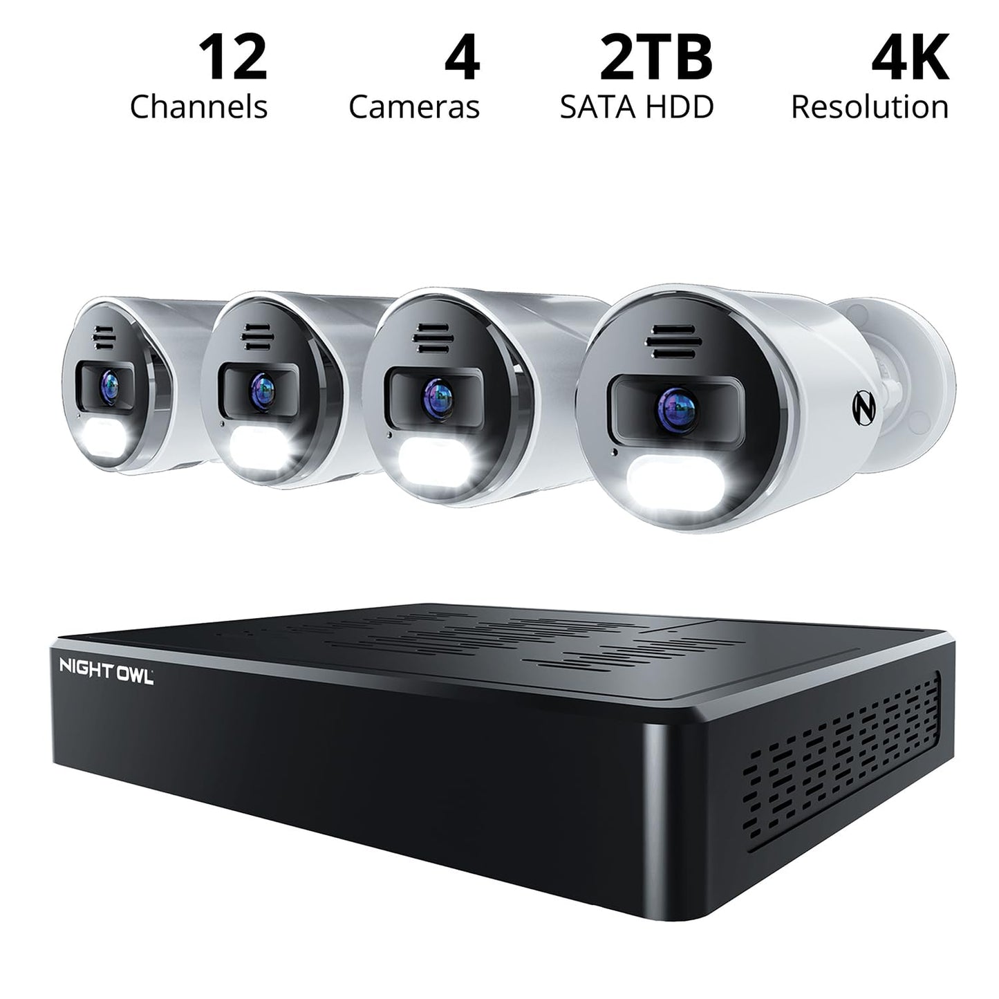 Night Owl Power Over Ethernet 12 Channel NVR Video Home Security Camera System with (4) Wired IP 4K HD Indoor/Outdoor Deterrence Cameras and 2TB Hard