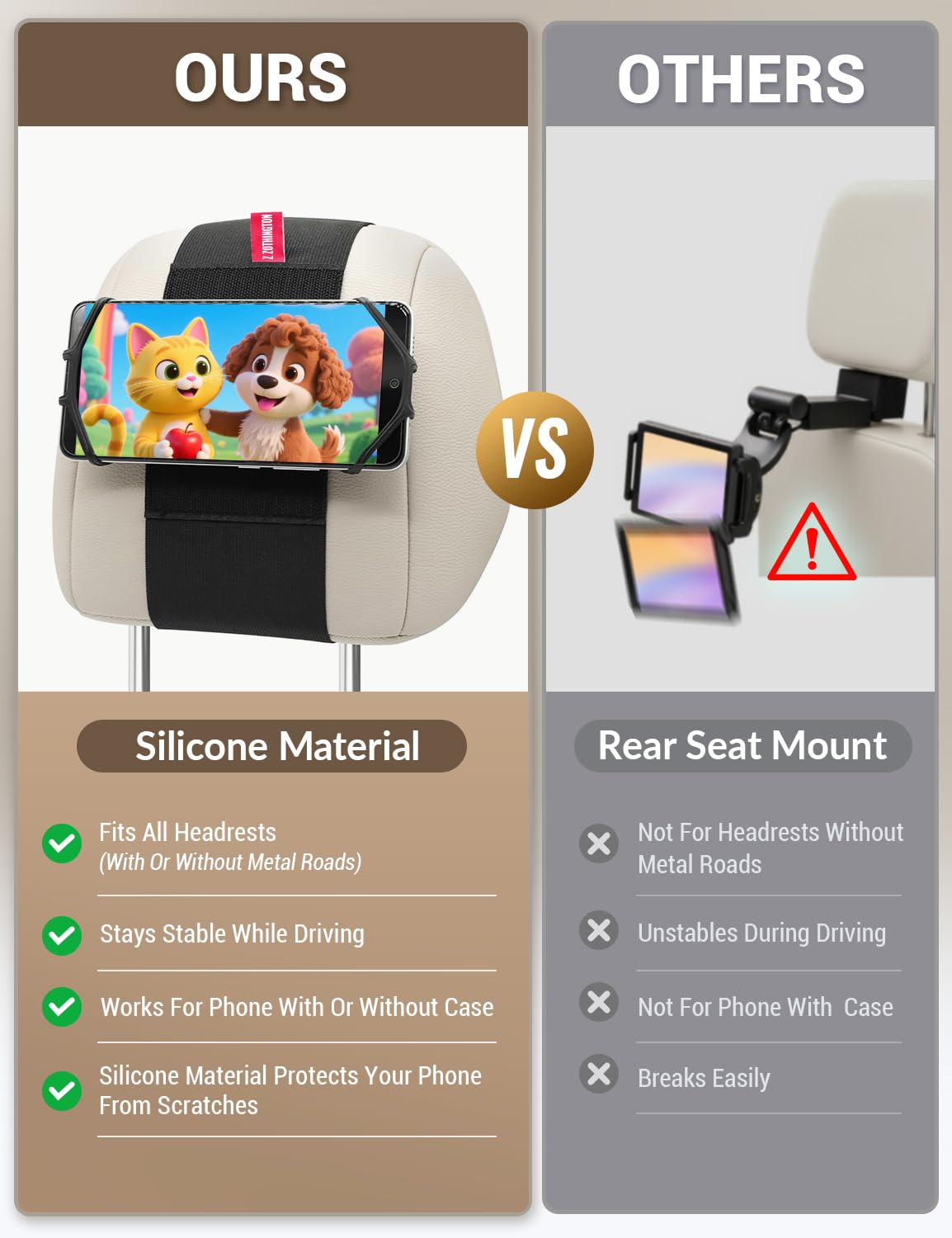 Silicone Car Phone Holder, Adjustable Phone Mount Holders for Your Car Headrest Compatible with iPhone 17 16 15 14 13 Pro Max and other 3.5 - 7 Inch