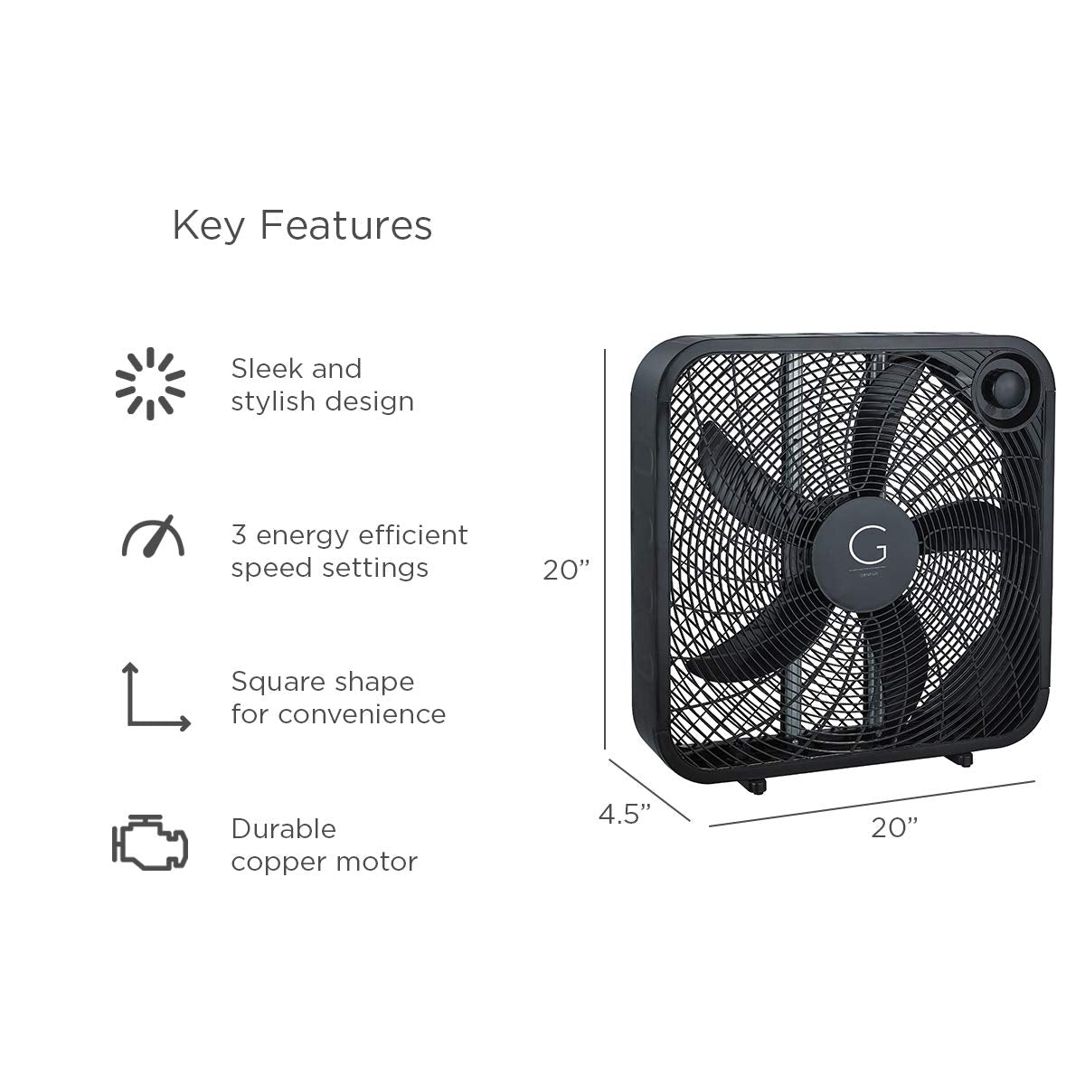 Genesis 20" Box Fan, 3 Settings, Max Cooling Technology, Carry Handle, Black (G20BOX-BLK)