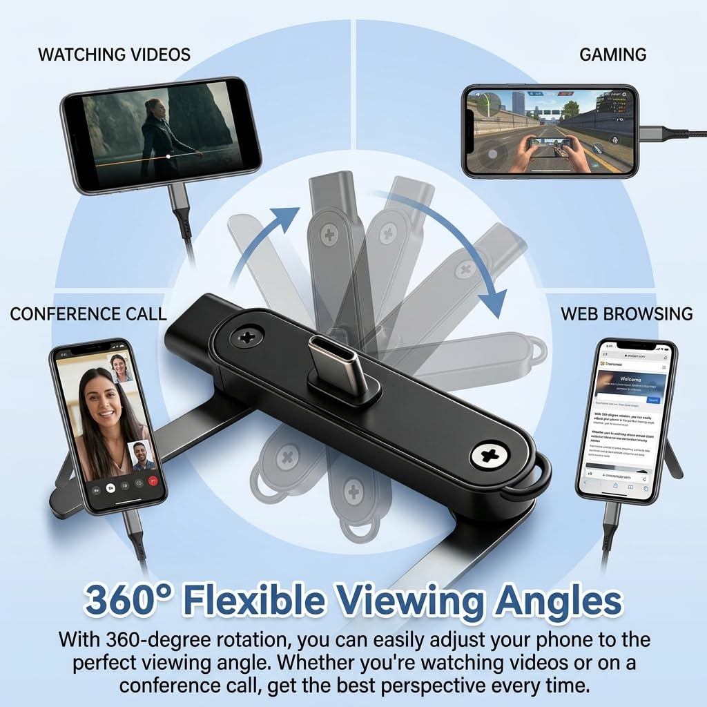 120W USB-C Fast Charging Adapter with Foldable Phone Stand, 2-Pack, 2-in-1 90° Elbow Connector for Gaming & Streaming, 360° Rotating Phone Holder
