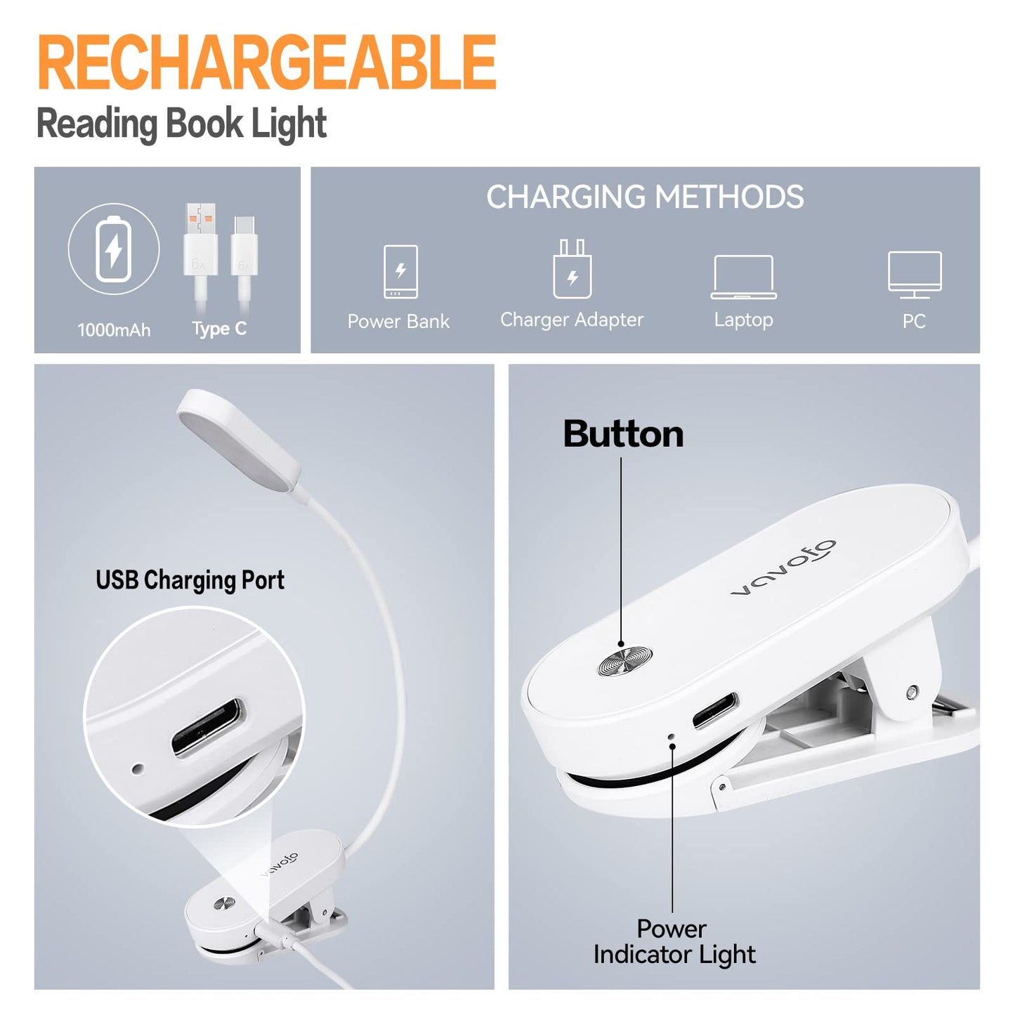 VAVOFO Rechargeable Book Light, 14 LEDs Eye Care Clip On Amber Reading Light for Bookworms Reading in Bed with 9 Colors 9 Brightness (White)