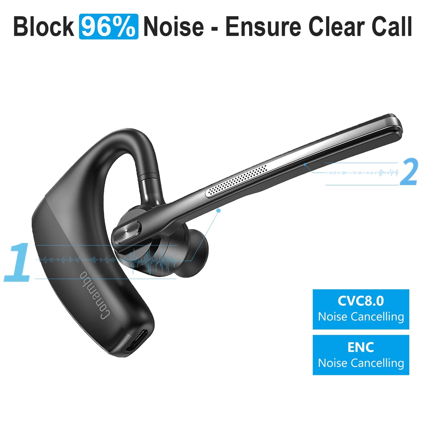 Conambo K18 Bluetooth Headset V5.1, Wireless Headset with Dual Mic CVC8.0 Noise Canceling Hands Free Bluetooth Earpiece for Trucker Work Cell Phone