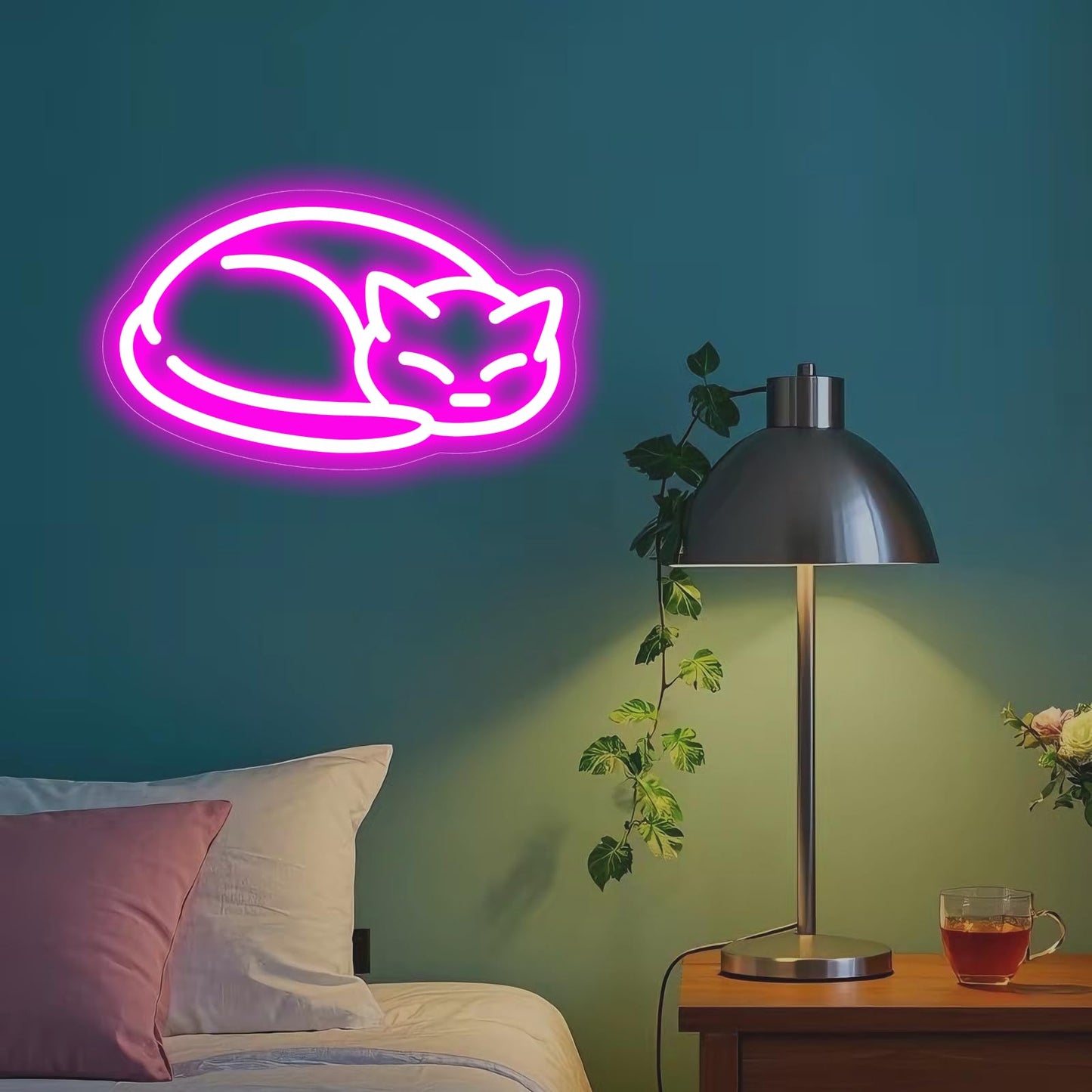 Pink Cat Neon Sign for Wall Decor - Sleeping Kitten LED Neon Light with Dimmable Switch, 11.4" x 6.7" USB Powered Night Light, Aesthetic Room Decor