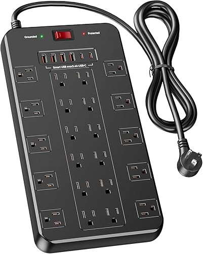 Surge Protector Power Strip with 22 Outlets 6 USB Ports(2 USB C), 1875W/15A, 6.5 FT Flat Plug Heavy Duty Extension Cord with Multiple Outlets for Home