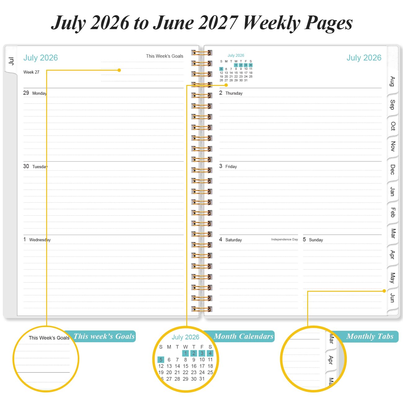 2026-2027 Planner - A5 Weekly & Monthly Planners Spiral Bound, July 2026 - June 2027, 2026-2027 Planner with Flexible Cover, Tabs, Inner Pocket, 6.4"
