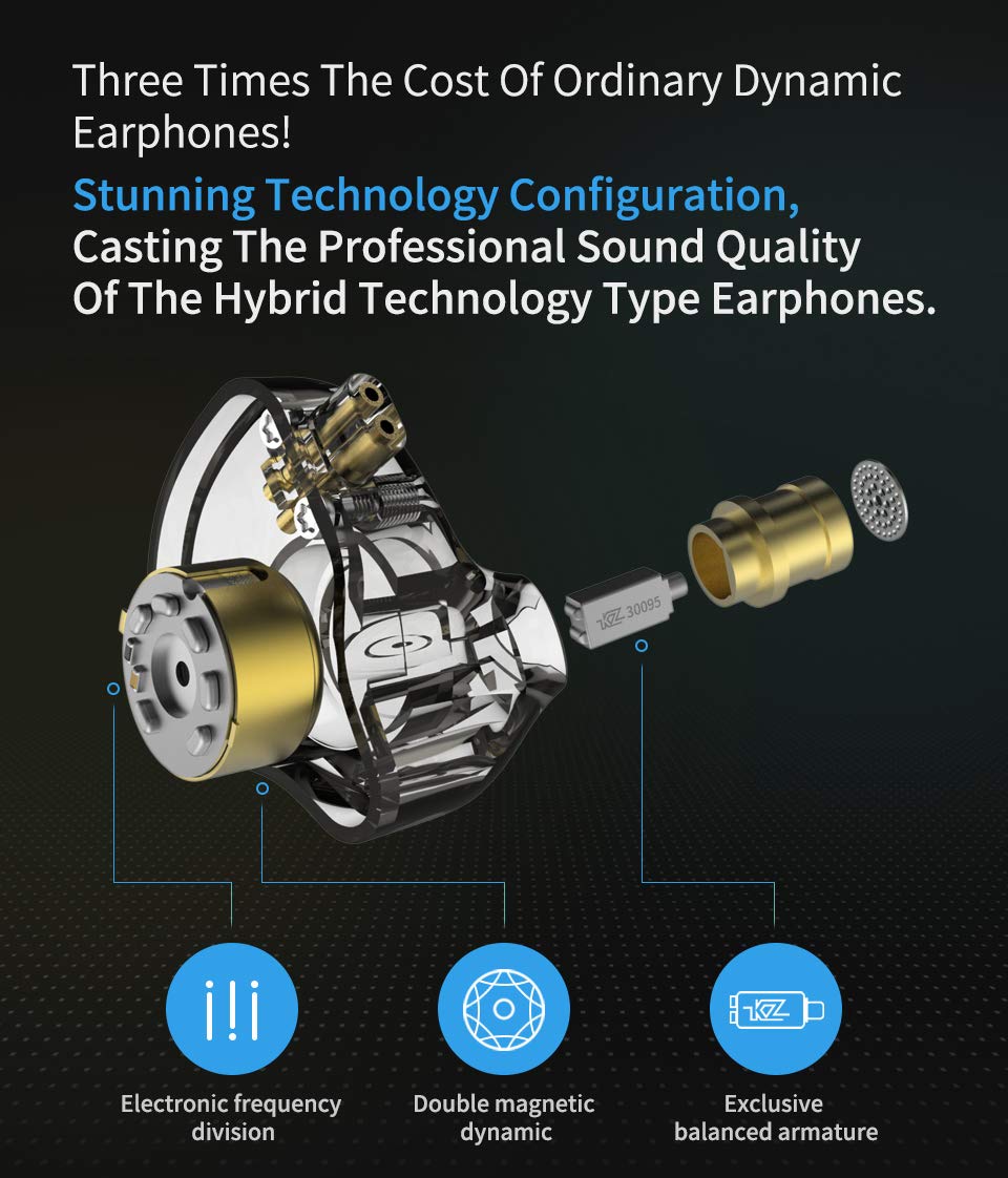 erjigo KZ ZSN Pro Dynamic Hybrid Dual Driver in Ear Earphones Detachable Tangle-Free Cable Musicians in-Ear Earbuds Headphones (Gray with Microphone)