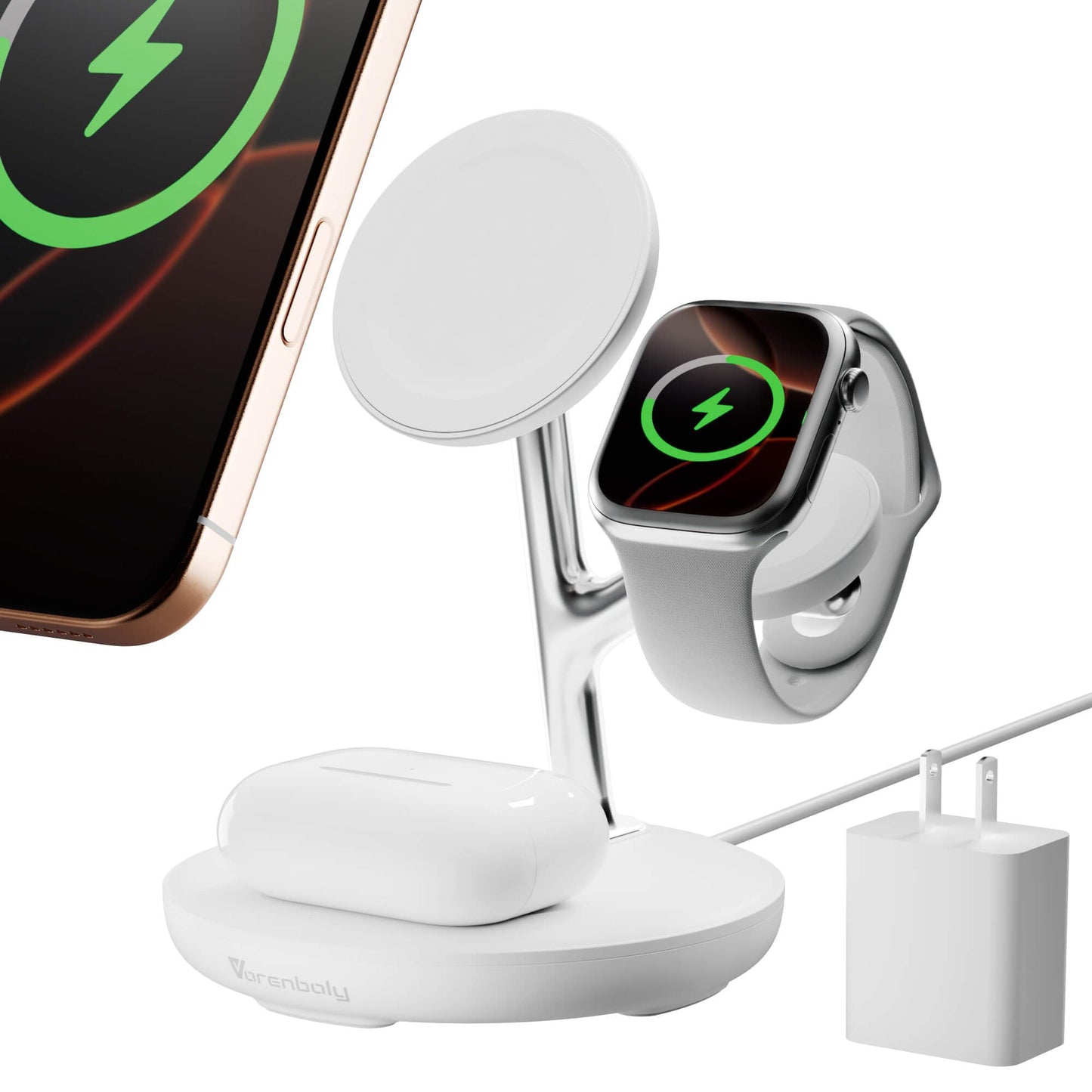 3-in-1 Magnetic Wireless Charger for iPhone 12-16,Fast Charging Station for Apple Watch & AirPods | MagSafe Desktop Dock, 360° Adjustable Stand