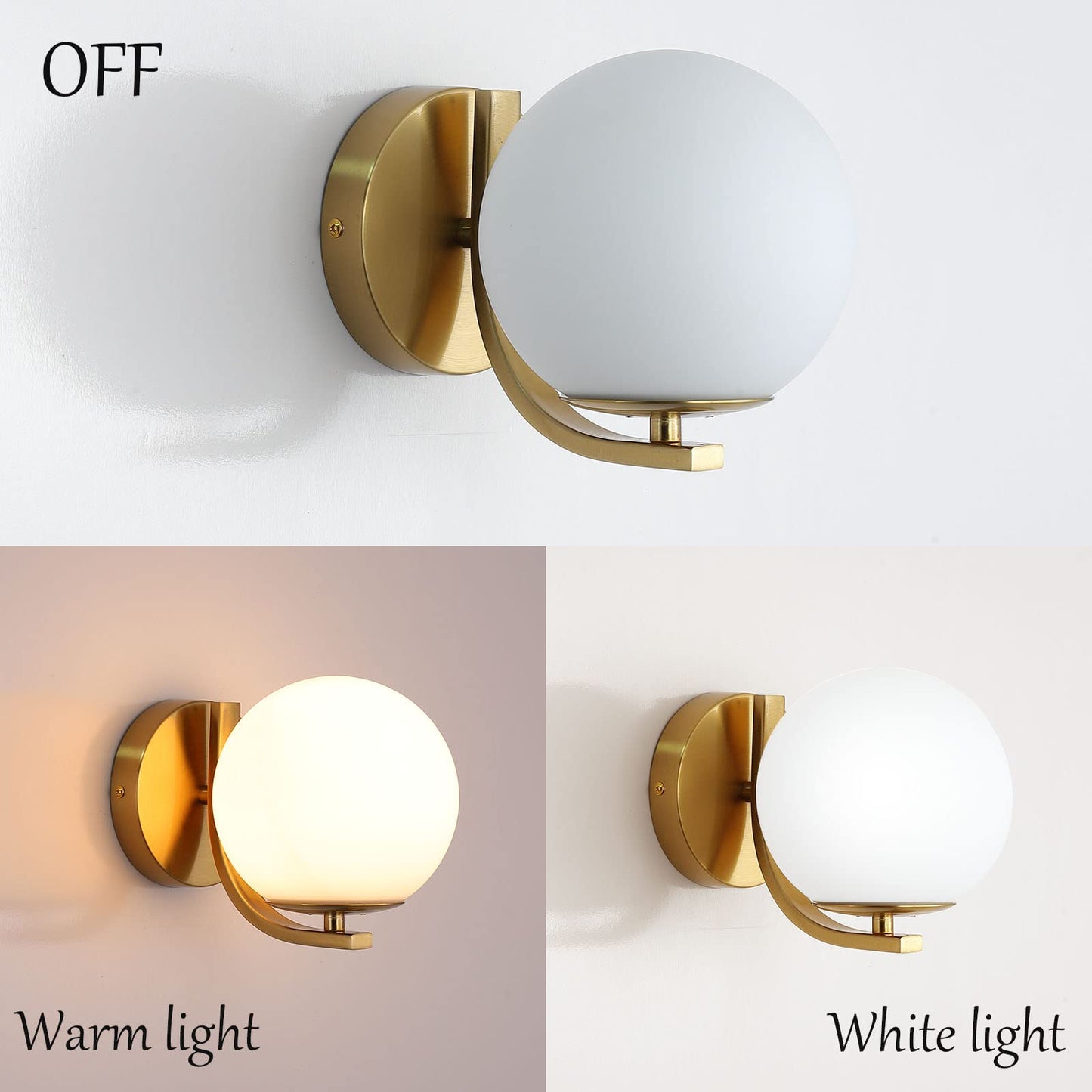 Popity home Gold Wall Sconces Set of 2, Mid Century Modern Wall Sconce with Globe Frosted Glass Shade, Art Deco Wall Mounted Light Fixture for Living