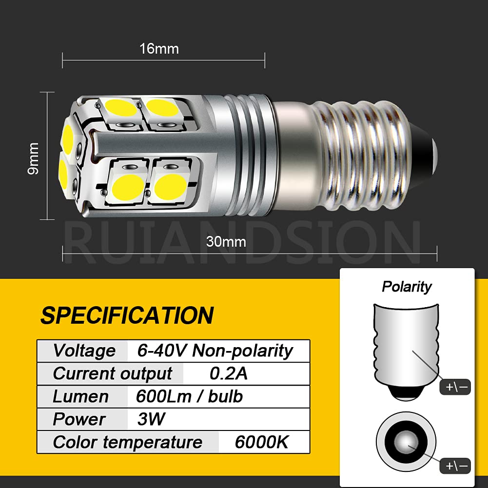 Ruiandsion E10 LED Bulb 6-40V 3030 10SMD Chips White LED Bulb for Headlamps Flashlights Torch Bike Work Light Non-Polarity