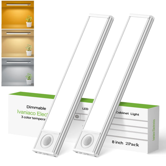 Ivaniaco 8inch Under Cabinet Lights,60 LED,USB-C 1800mAh Rechargeable Battery,3 Color Temperature,Dimmable,Motion Sensor Cordless Under Counter Light