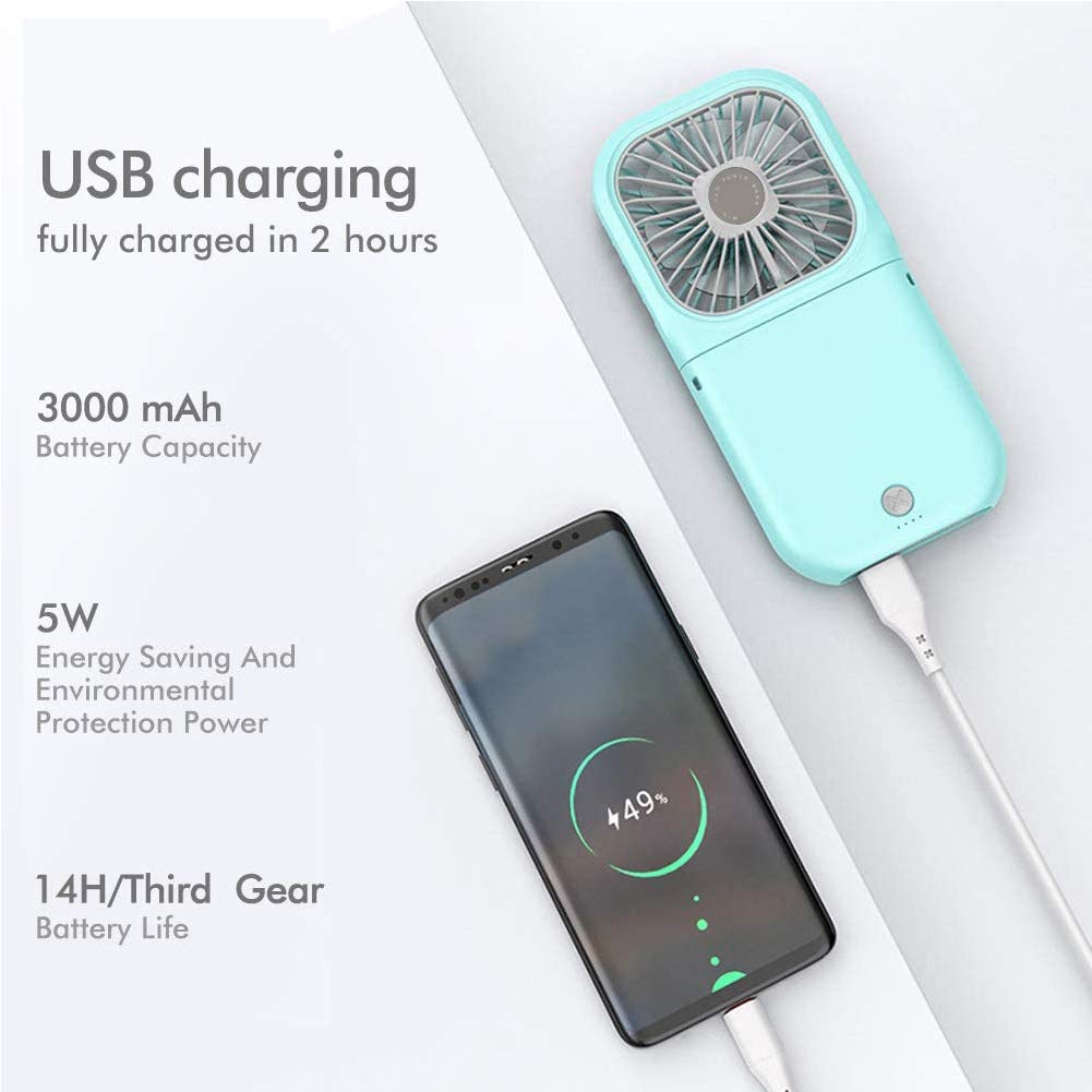 Allxin Portable Neck Fan Mini Quiet Handheld Personal 0-180° Foldable USB Rechargeable Fan Operated for Home Office Outdoor Travel, 3000mAh Power Bank