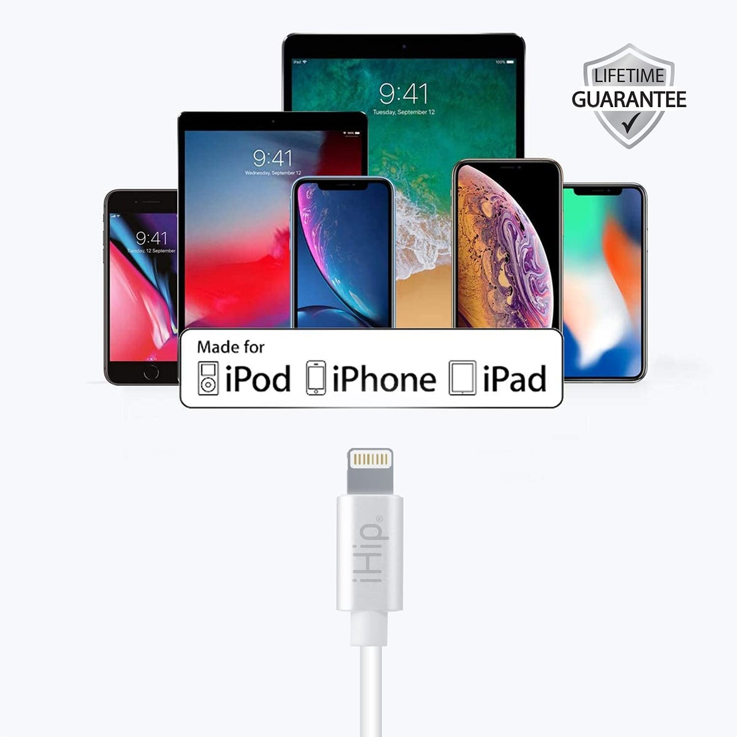 iHip 6ft PVC White Lightning Cable Rubber Finish Bend Test Certified - iPhone Charger Cable Durable USB Charging Cable Cord for iPhone/iPad/iPod