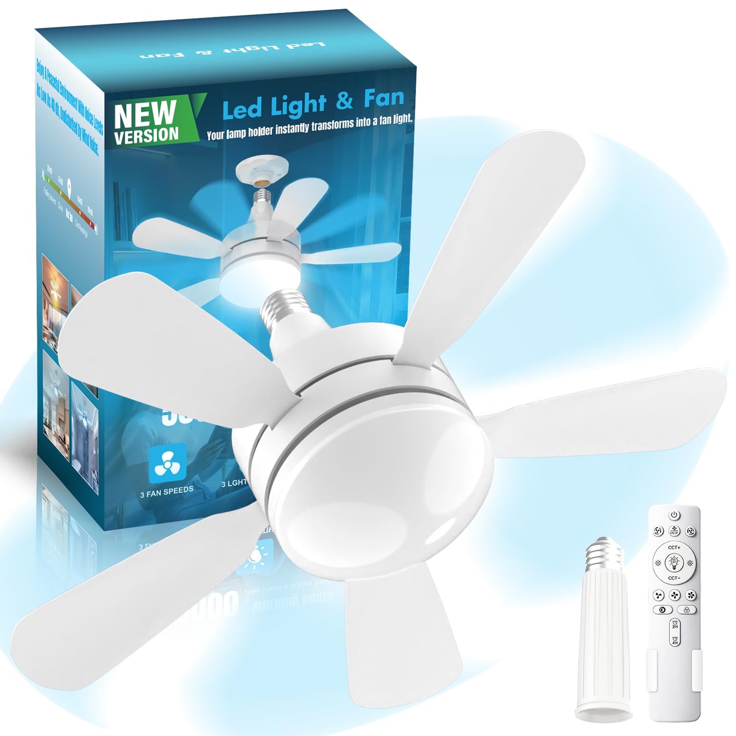 WZZIW 17.7" Socket Fan Light, 3000 Lumens Small Ceiling Fans with Lights and Remote, E26/E27 Light Bulb Fan with Reversible Motor, Dimmable