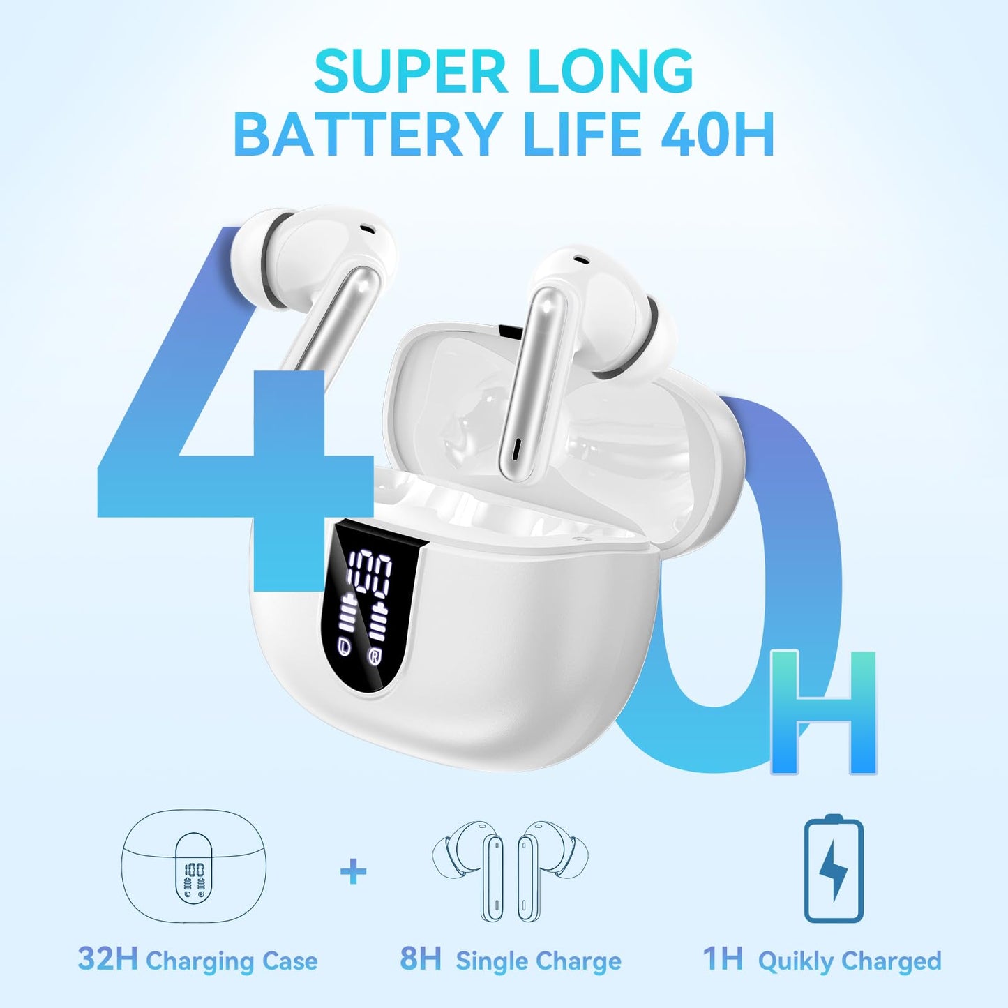 Wireless Earbuds, Bluetooth 5.3 Headphones 40Hrs Playtime Deep Bass Stereo in-Ear Earbud, LED Power Display, Call Noise Canceling Headphones with Mic