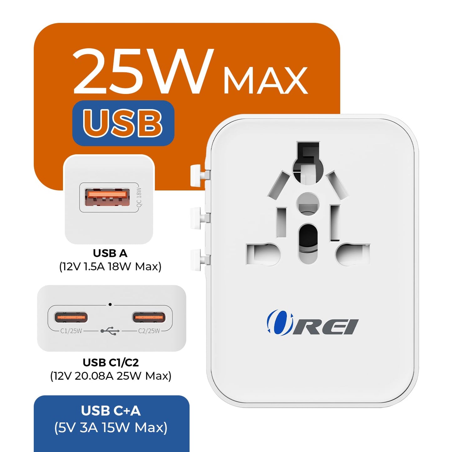 OREI 25W Universal Travel Adapter | 2X USB-C & 1x USB-A | 4-in-1 Charger for 150+ Countries