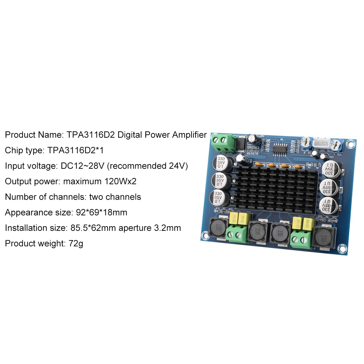 Clyxgs TPA3116D2 Dual Channel Class D Digital Power Audio Amplifier Board, DC12-26V High Power Stereo AMP Module for Car Vehicle Computer Speaker DIY