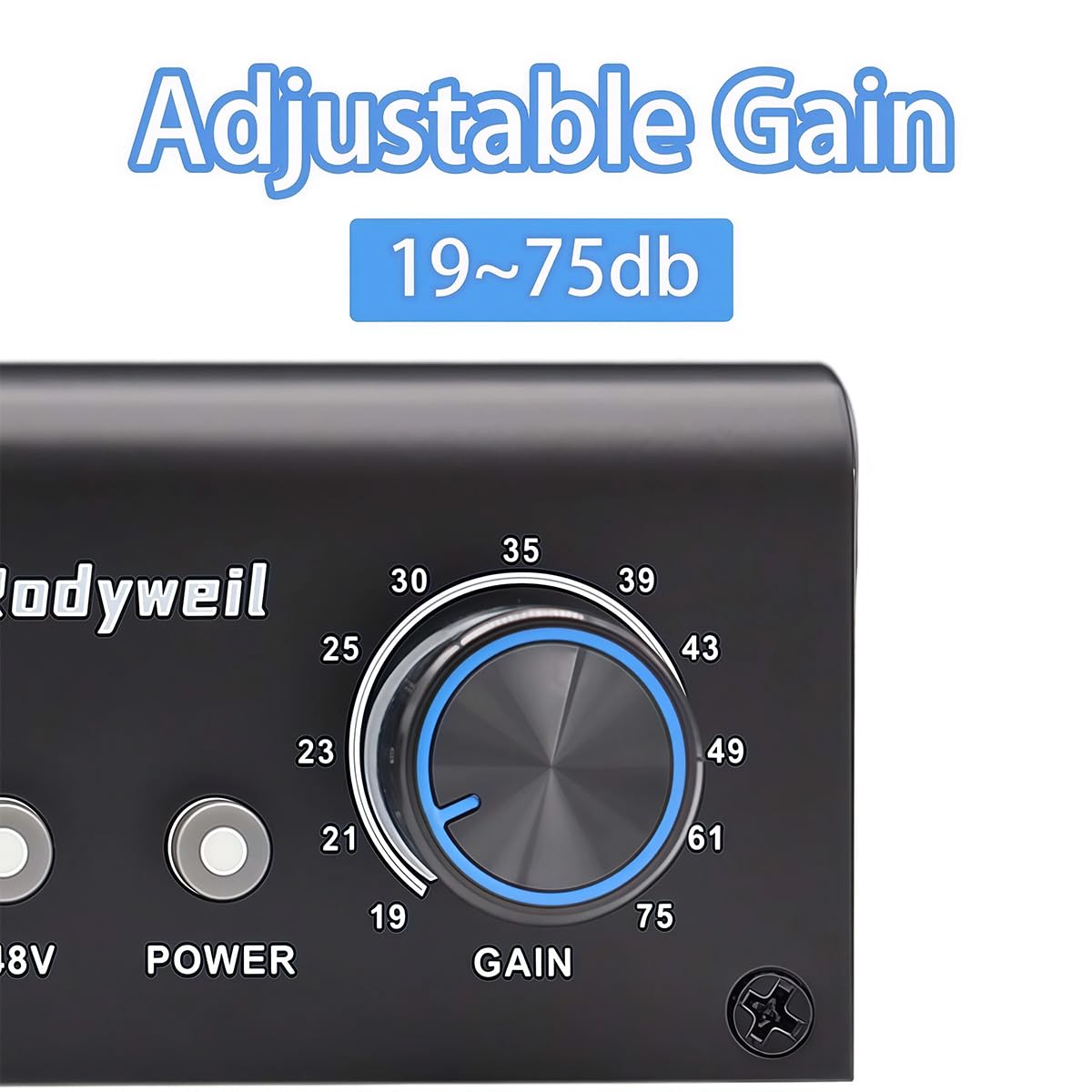 Rodyweil Mic Preamp with 19 ~ 75db Adjustable Gain Boost Balaneced Line Out and 48V for Dynamic, Condenser,Ribbon Microphone, Audio Interface, Audio