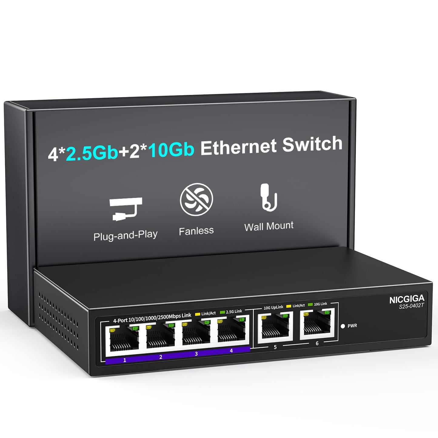 10Gbe Ethernet Switch Unmanaged with 2 x 10Gb RJ45 Ports ? 4 x 2.5Gb Base-T Ports, Desktop/Wall Mount NICGIGA 6 Port 10Gbps Network Switch