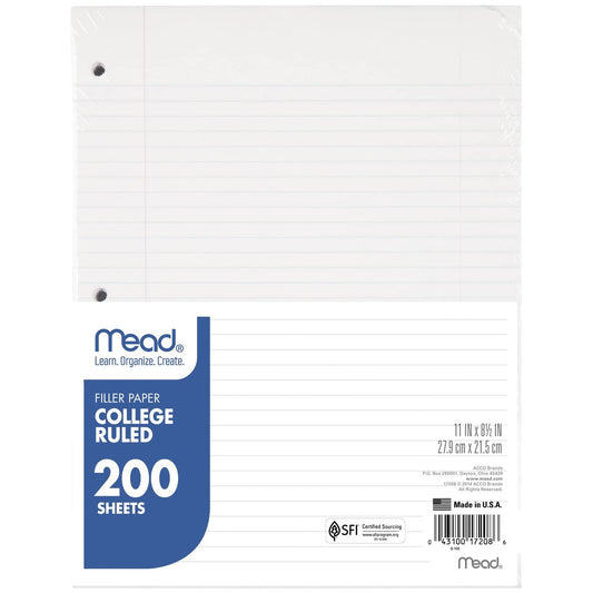 Mead Economical Filler Paper, College Ruled, 11 x 8-1/2, 200 Sheets